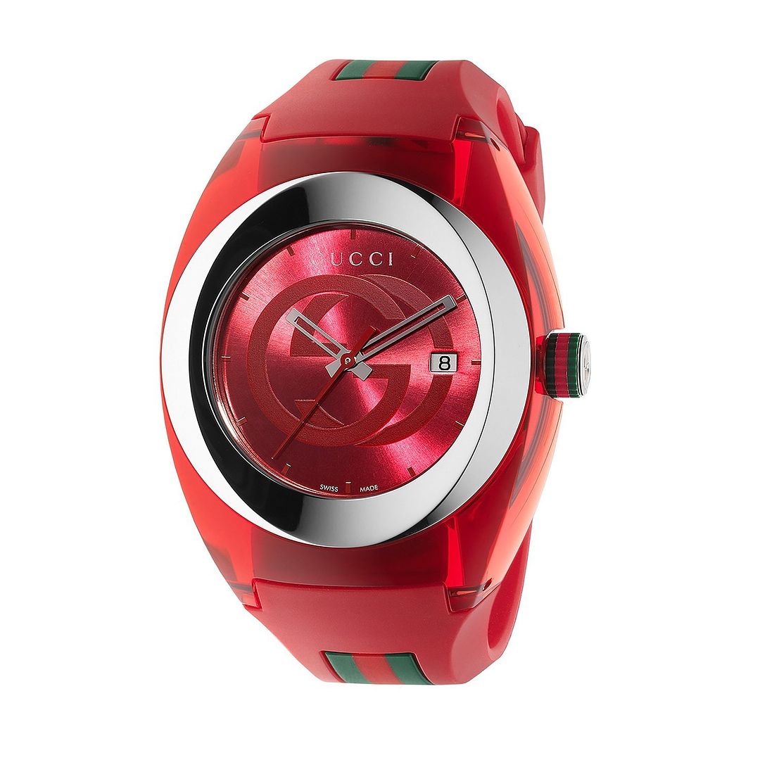 New Gucci Sync XL Swiss Red Striped Rubber Strap Unisex Watch YA137103