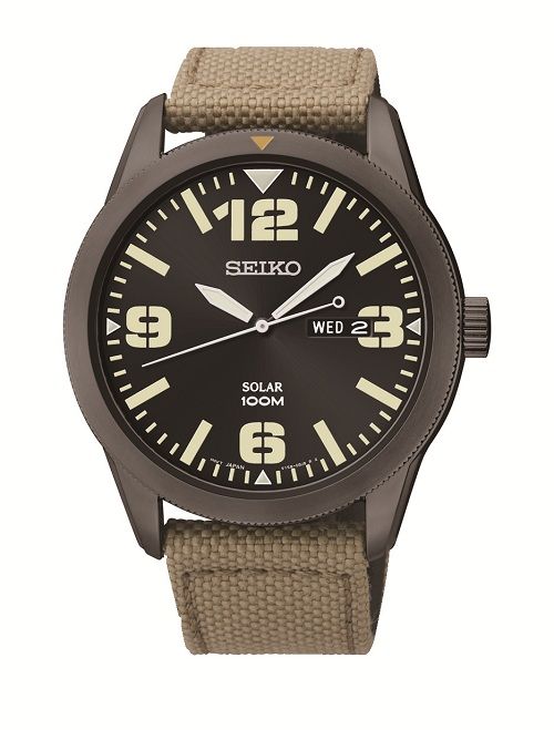 New Seiko SNE331 Solar Black Dial Tan Green Nylon Strap Men's Watch eBay