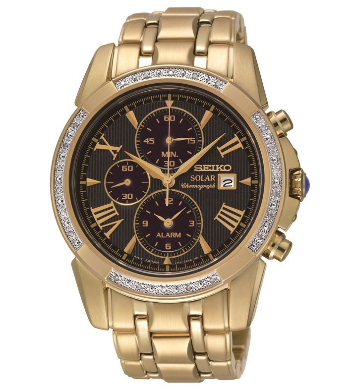New Seiko SSC314 Le Grand Sport Men's Diamond Gold Tone Solar