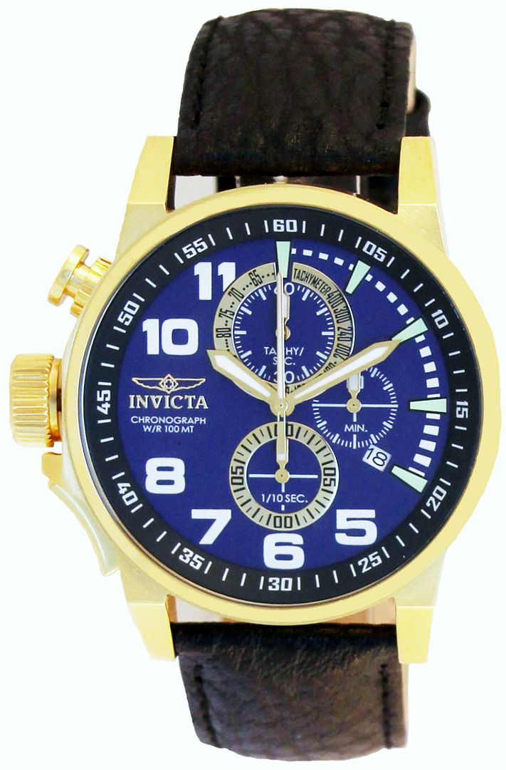 New Invicta 13055 Men's I Force Lefty Gold Tone Blue Dial Leather Strap Watch